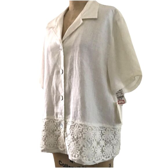 Vintage 90s Off White Linen Short Sleeve Crochet Cottage Core Top L - Picture 3 of 8